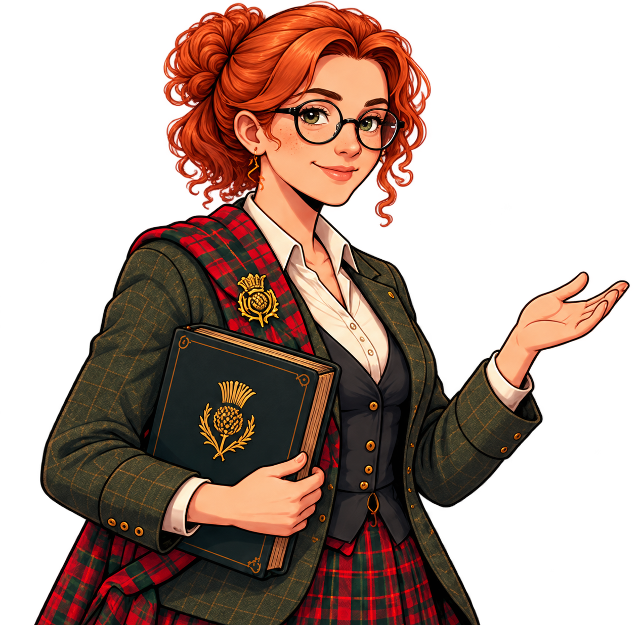 Morag, a red-haired Scottish guide wearing tweed and tartan, presenting your search